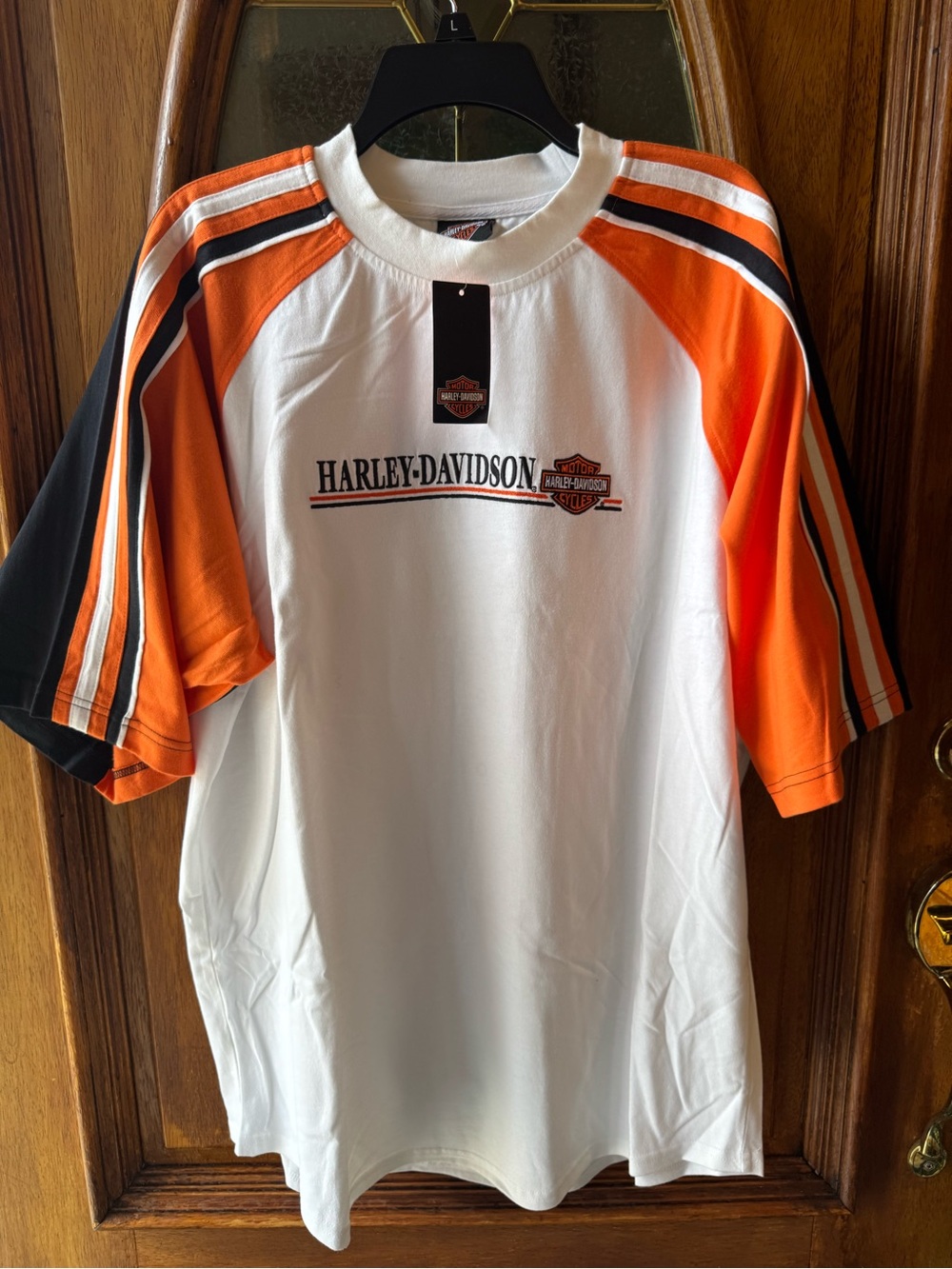 Men’s Large Harley-Davidson White, black  & Orange Short Sleeve Logo Shirt